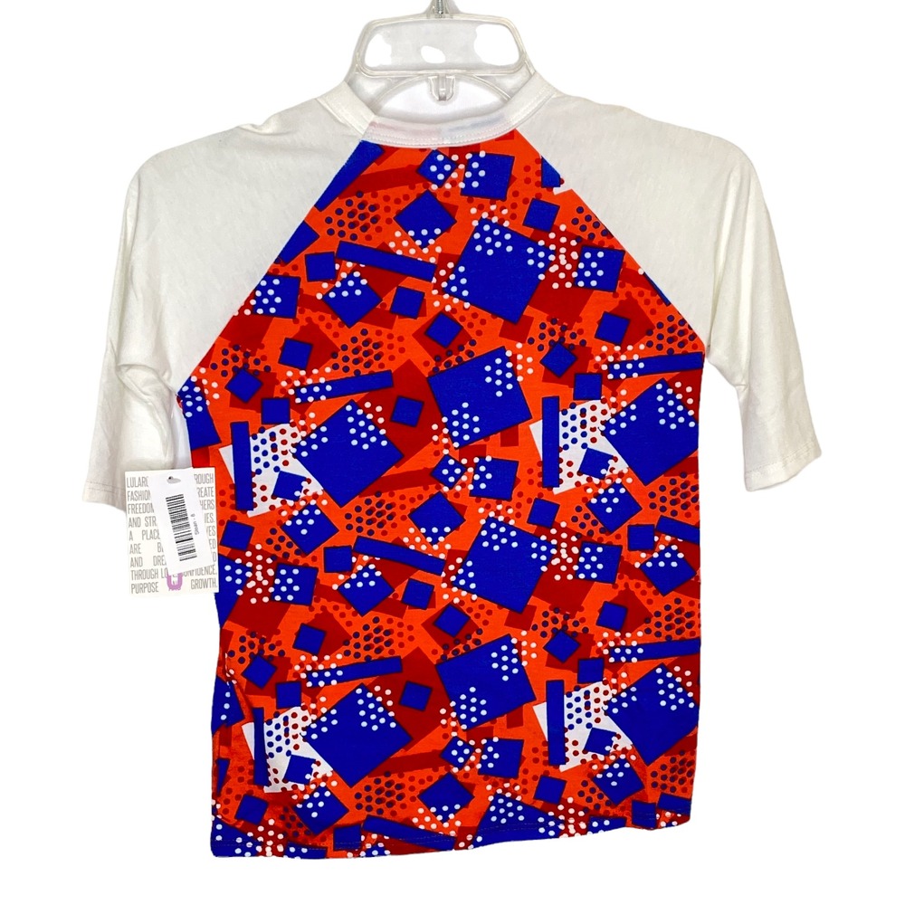 LuLaRoe Sloan Kids Size 8 Raglan Baseball Tee Red White Blue Geometric Retro NEW